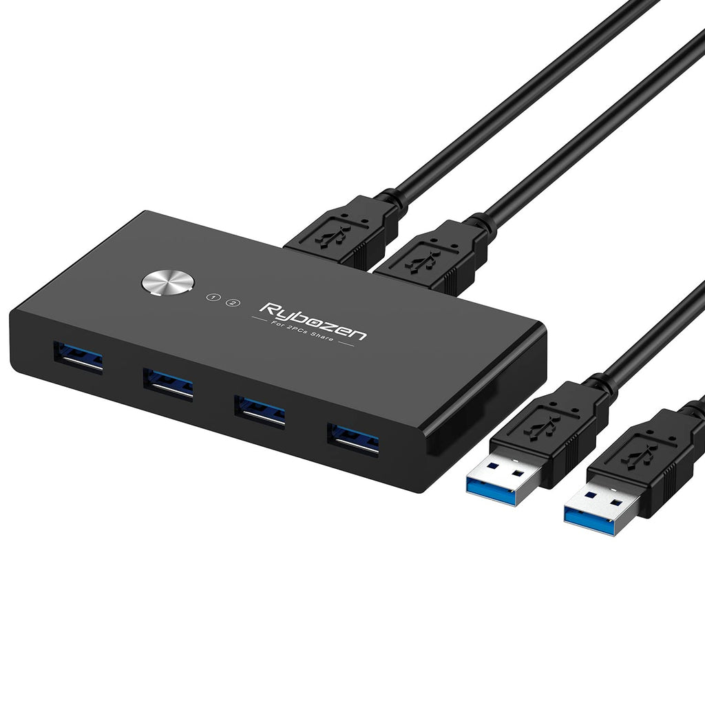  [AUSTRALIA] - Rybozen USB 3.0 Switch Selector,KVM Switch Adapter 2 Computer Sharing 4 USB Devices, Peripheral Hub Box for Mouse Keyboard Scanner Printer PC, with One Button Swapping and 2 Pack USB 3.0 Cable
