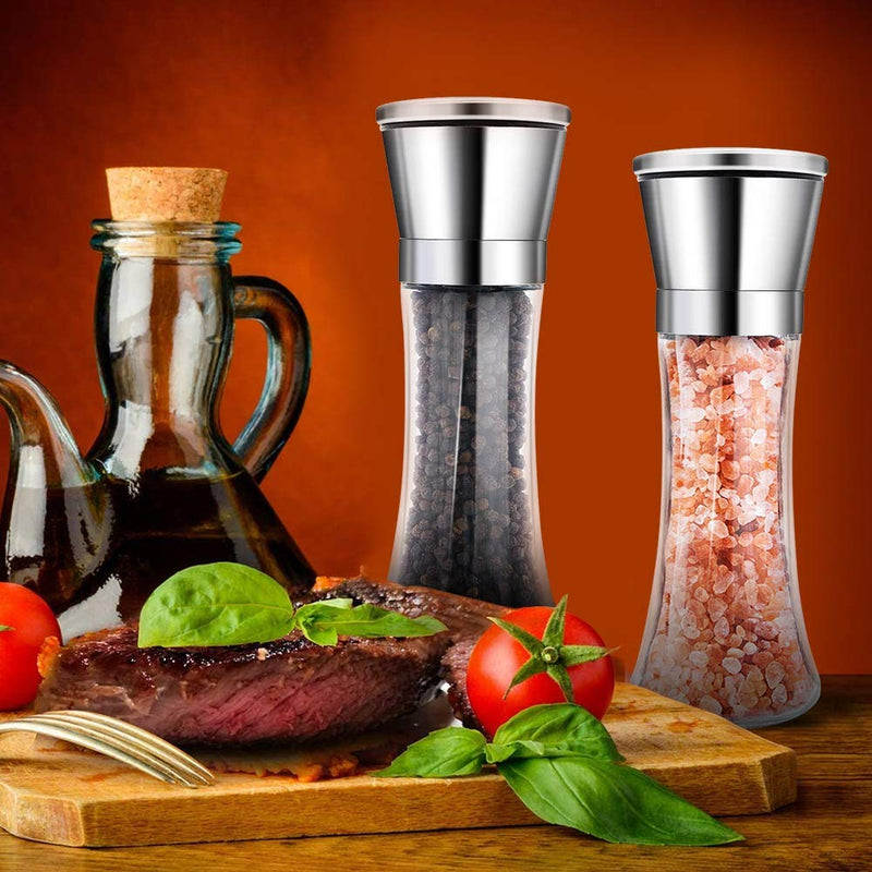  [AUSTRALIA] - Salt and Pepper Grinder (Set of 2), Adjustable Ceramic & Stainless Steel Mill Set, Glass Body Refillable Mill Shakers - Easy Clean Grinders with Silicon Funnel and Cleaning Brush