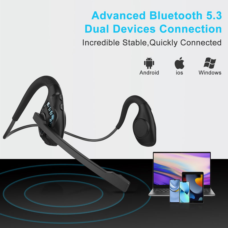  [AUSTRALIA] - iDIGMALL Open Ear Bluetooth 5.3 Headset w/Microphone Boom for Cell Phones PC, Lightweight Air Conduction Wireless Stereo Headphones w/Noise Canceling Mic & Mute, Comfort for Home Office Working