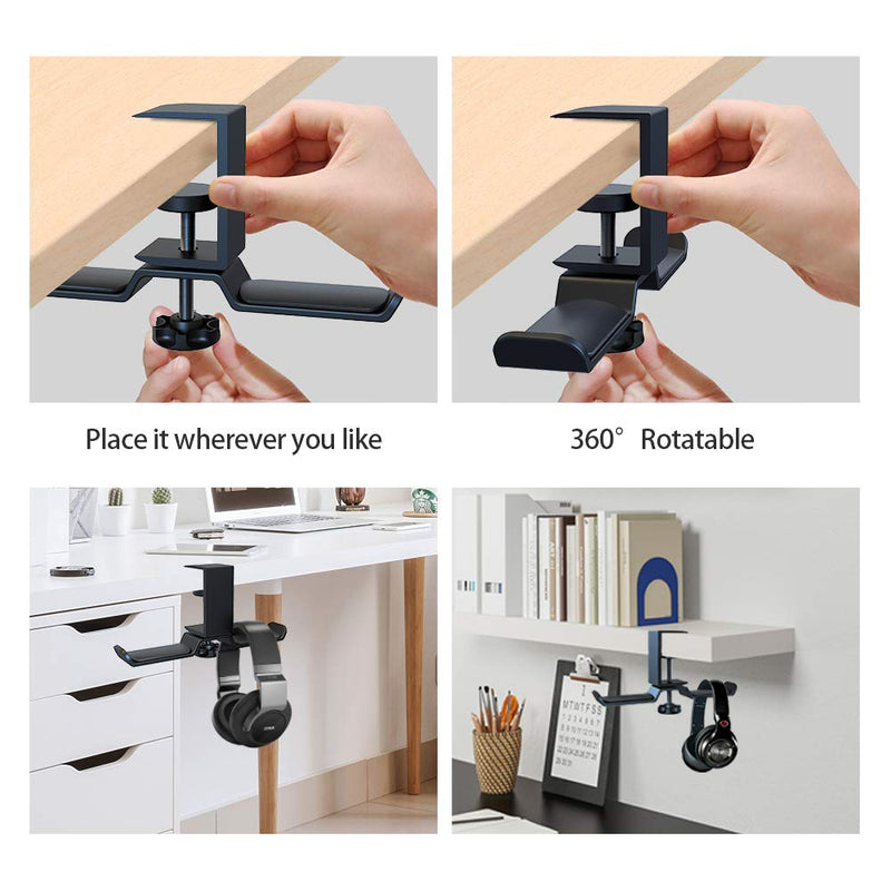  [AUSTRALIA] - 6amLifestyle Dual Rotatable Headphone Stand Hanger Under Desk Clamp Headset Holder Aluminum Load up to 11lb Headset Stand Hanger Compatible with Universal Headphones, Black 6A-13BK