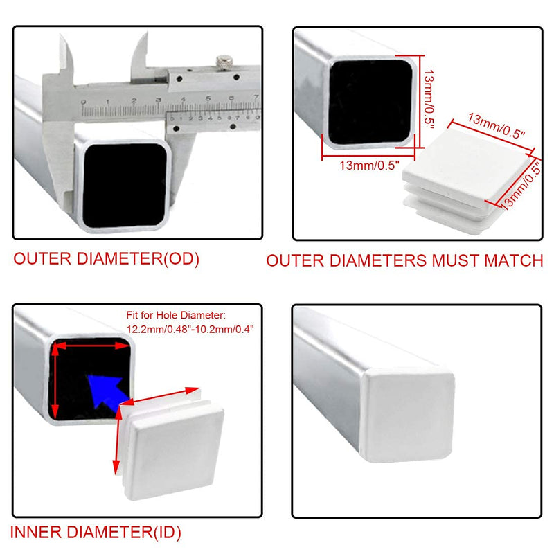  [AUSTRALIA] - Suiwotin 12Pack 13mm (1/2 Inch) Square White Plastic Plug, Square Tubing End Caps, Tubing Post End Cap for Square Tubing/White Plastic Square Plugs (White ) 13mm (1/2 Inch)