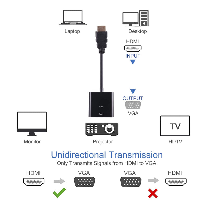  [AUSTRALIA] - DTOL HDMI to VGA, Gold-Plated HDMI to VGA Adapter (Male to Female) for Computer, Desktop, Laptop, PC, Monitor, Projector, HDTV, Chromebook, Raspberry Pi, Roku, Xbox and More - Black