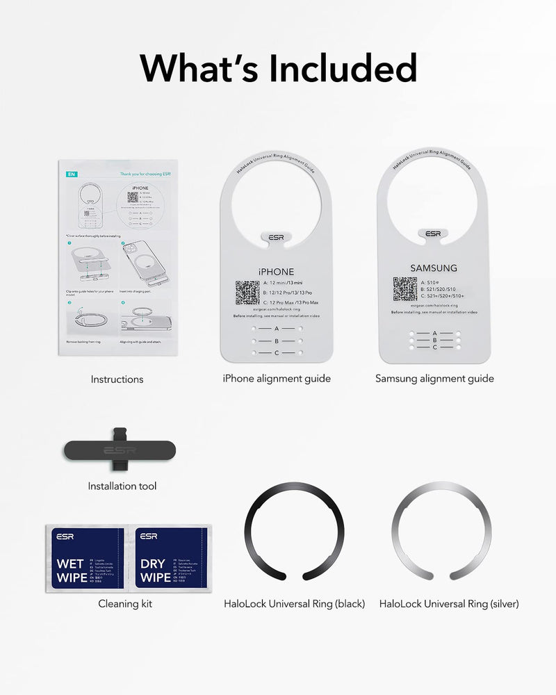  [AUSTRALIA] - ESR MagSafe Ring (HaloLock), MagSafe Sticker, Universal Magnetic Wireless Charging Conversion Kit, Compatible with iPhone 14/13/12 Series, Galaxy S22, MagSafe Accessories, 2 Pack, Black and Silver