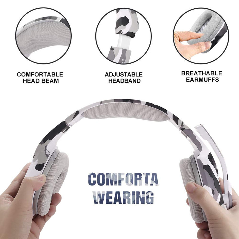  [AUSTRALIA] - Gaming Headset for PS4, Xbox One, PC, Laptop, Mac, Nintendo Switch, PHOINIKAS 3.5MM PS4 Headset with Mic, Over Ear Headset, Noise-Cancelling Headset, Bass Surround, LED Light, Comfort Earmuff - Camo 5.1 Surround White Camo