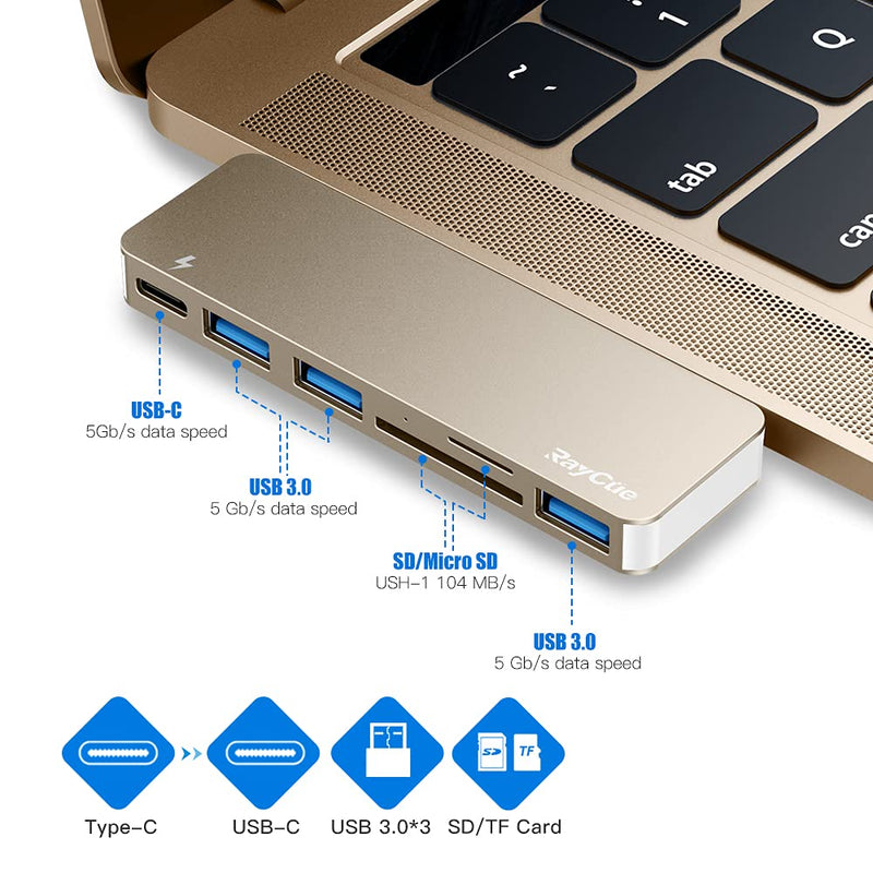  [AUSTRALIA] - USB C Hub Adapter for MacBook Pro/Air 2020 2019 2018, 6 in 1 USB-C Accessories Compatible with MacBook Pro 13″ and 15″ with 3 USB 3.0 Ports, TF/SD Card Reader, USB-C Power Delivery (Gold) Gold