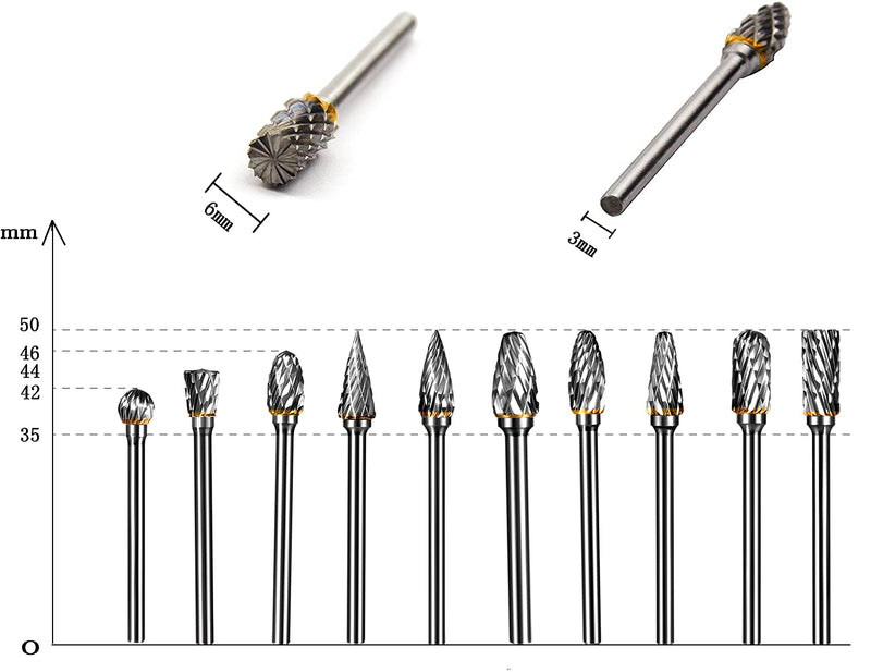  [AUSTRALIA] - YXGOOD 10 Pieces Tungsten Carbide Double Cut Rotary Burr Set with 3 mm (1/8 Inch) Shank and 6 mm (1/4 Inch) Head Size (Style 1)