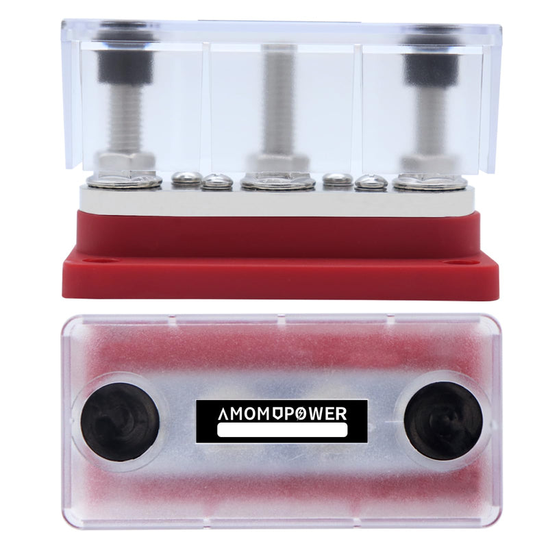  [AUSTRALIA] - AMOMD 300A PowerBars 3xTerminal Studs (3/8") M10 4x8#-32 Screws Nickel Plated Copper Electrical Common Bus Bars12-48v DC with Cover(Red) 300A-3Studs-4Screws-M10-R
