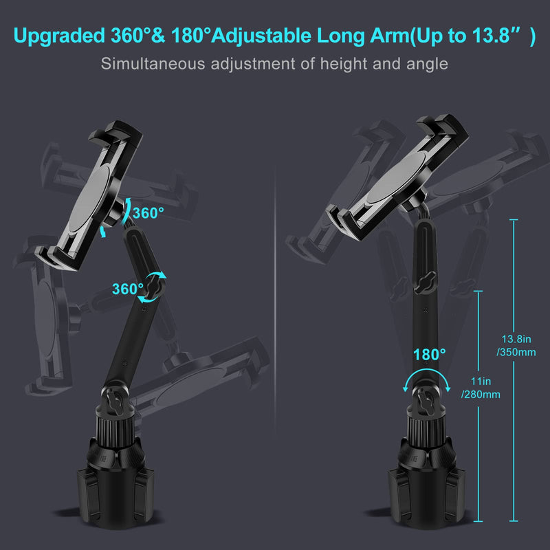  [AUSTRALIA] - Cup Holder Car Tablet Mount for Truck, 360° Adjustable 13.8" Long 2-Arm Stand Holder for iPad Pro 12.9/11/10.5/9.7/Air/Mini 6/5/4, Samsung Galaxy Tab/Z Fold 4/3, iPhone 14/13/Pro, 4.7-12.9" Tab &Phone