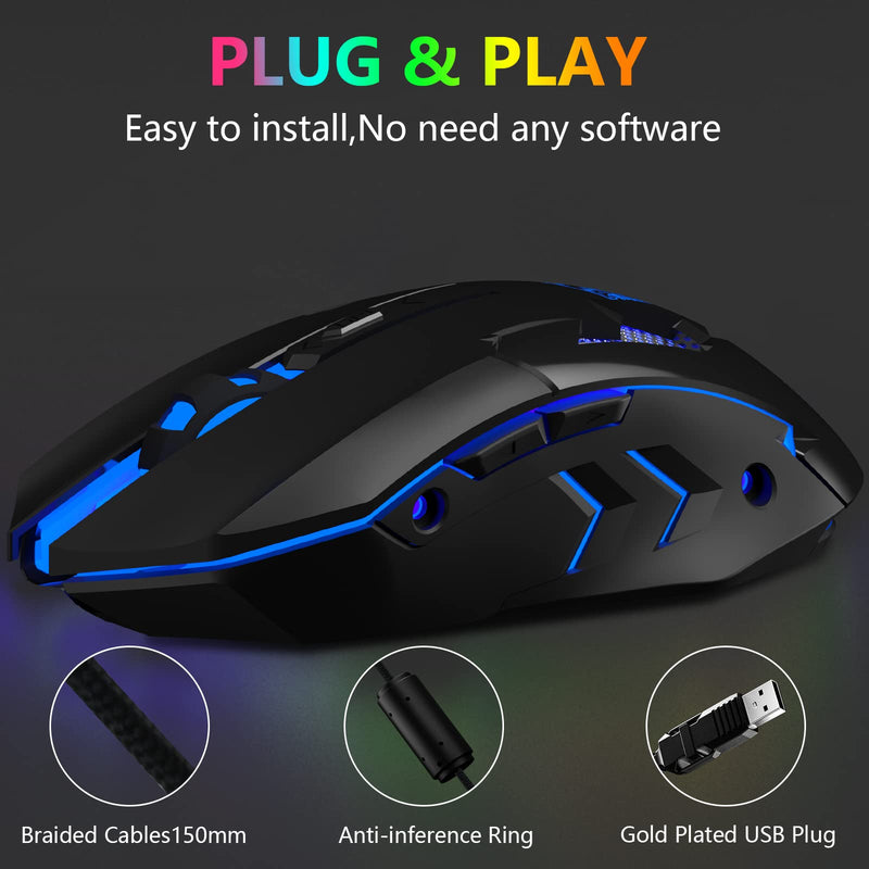  [AUSTRALIA] - FUWANG Wired Gaming Mouse, USB Computer Mouse with RGB Backlit, 7200 DPI Optical Sensor, Ergonomic Gamer Mouse with 6 Programmable Buttons for Windows/PC/Mac/Laptop Gamer Dark Black