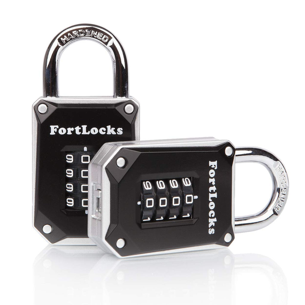  [AUSTRALIA] - 2 Pack FortLocks Gym Locker Lock - 4 Digit, Heavy Duty, Hardened Stainless Steel, Weatherproof and Outdoor Combination Padlock - Easy to Read Numbers - Resettable and Cut Proof Combo Code - Silver