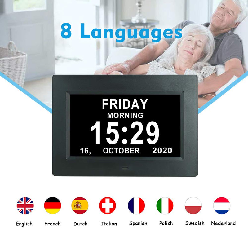  [AUSTRALIA] - 7 Inch Extra Large Day Date Time Digital Day Calendar Clock with Auto-Dimming 12 Alarm Reminders Dementia Clocks for Senior Elderly impaired Vision Memory Loss 7010 black
