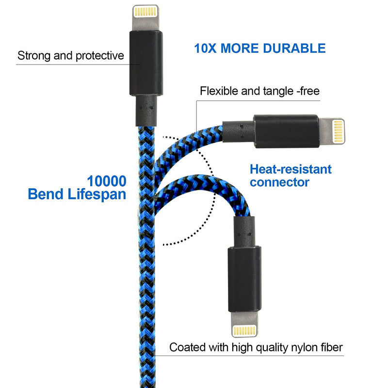  [AUSTRALIA] - CUGUNU iPhone Charger, 5 Pack 3/3/6/6/10FT Apple MFi Certified USB Lightning Cable Nylon Braided Fast Charging Cord Compatible for iPhone 13/12/11/X/Max/8/7/6/6S/5/5S/SE/Plus/iPad - Black Blue