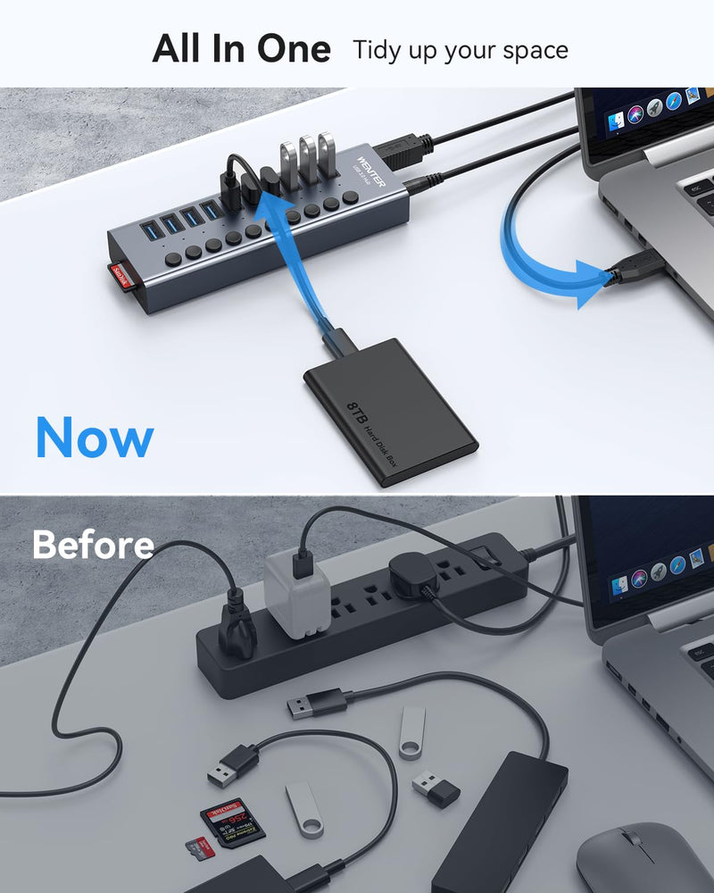  [AUSTRALIA] - Powered USB 3.0 Hub, Wenter 10 Ports 36W Powered USB Hub, Aluminum USB Splitter with Individual On/Off Switches, SD/TF Card Readers and 12V/3A Power Adapter for PC, Laptops, MacBook Pro, iMac, iPad Aluminum 10 Ports