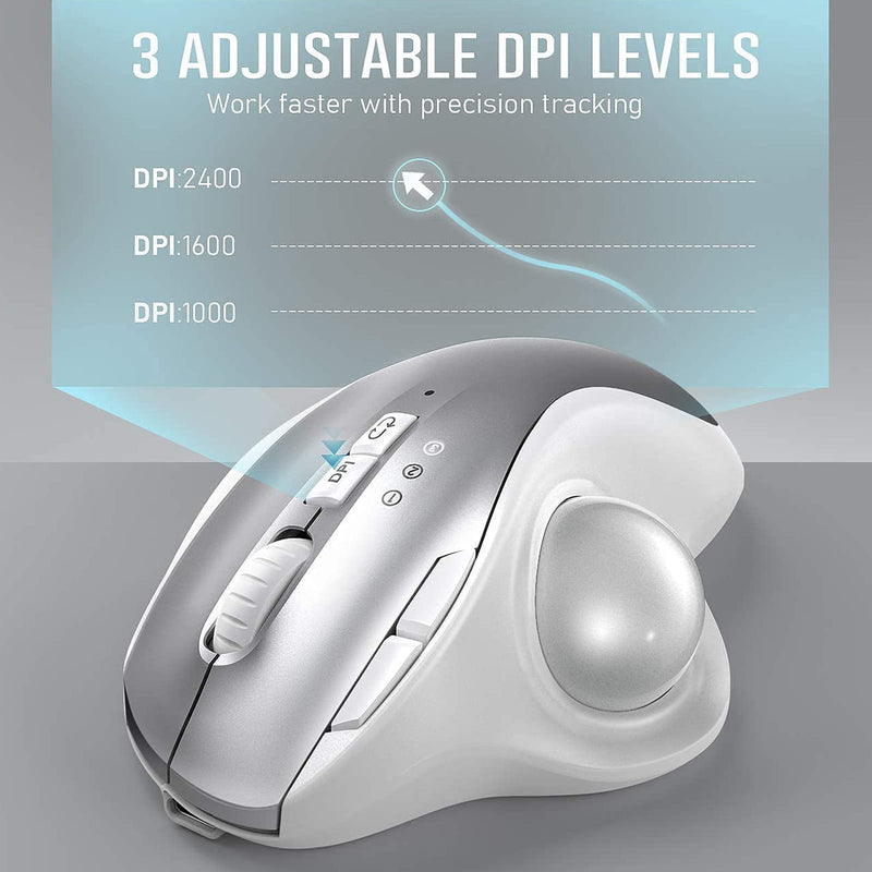  [AUSTRALIA] - Wireless Trackball Mouse - 2.4G USB + Dual Bluetooth Rollerball Mouse, Easy Thumb Control, Rechargeable Ergonomic Trackball Mice for MacBook, Laptop, PC, iPad, Windows, Android, iOS (White Silver) White Silver