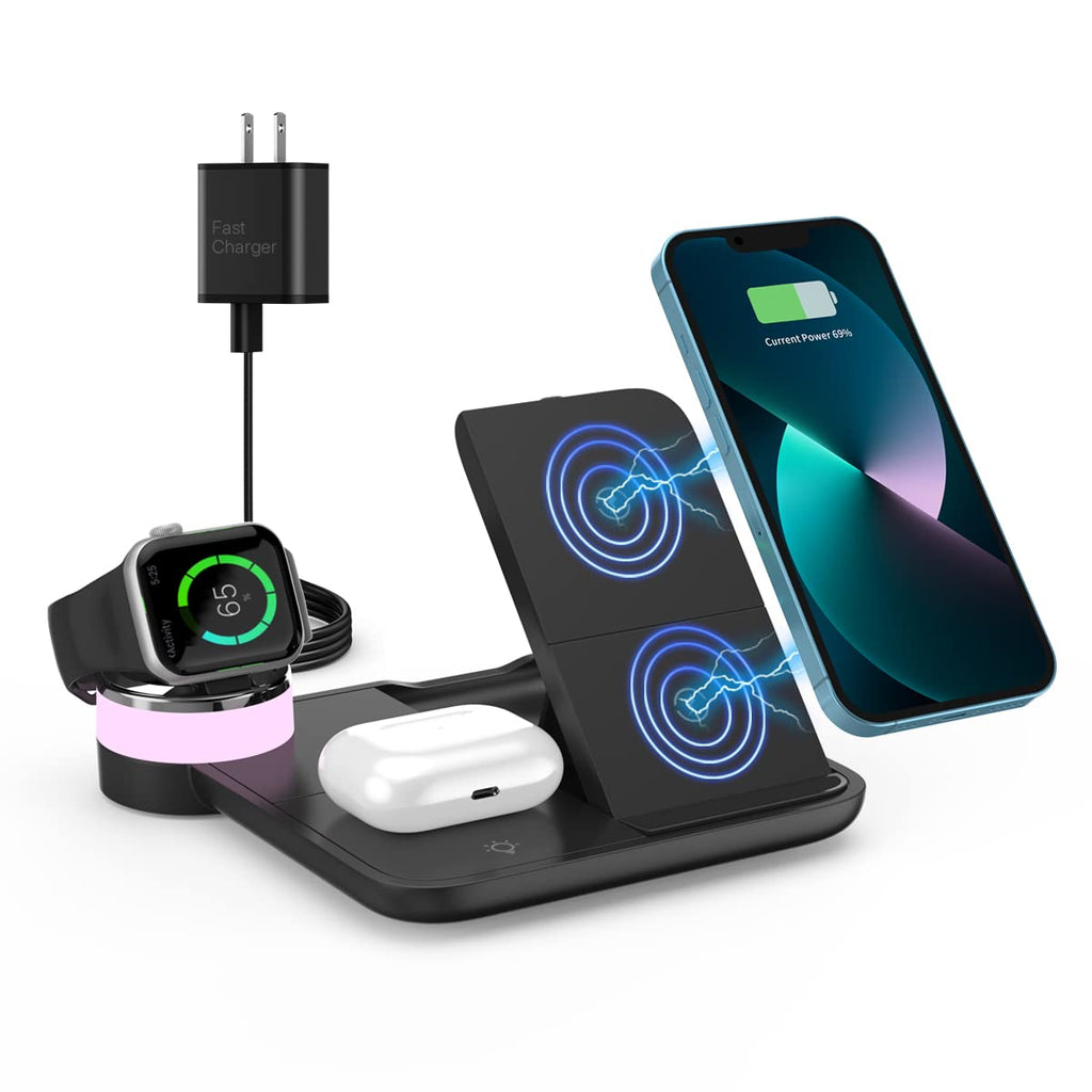  [AUSTRALIA] - Wireless Charger, 4 in 1 Fast Wireless Charging Station Compatible with iPhone 14/13/12/11/Pro/XS/XR/X/SE/8/8 Plus, 18W Wireless Charger Stand Dock for Apple Watch Series8,7/6/5/4/3/2/ AirPods… Black