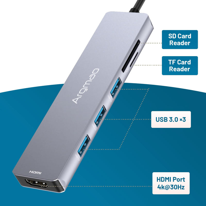  [AUSTRALIA] - Argmao 6 in 1 USB C HUB with 4K@30Hz HDMI, USB 3.0 Ports, SD/TF Card Reader, Multiport Type C Adapter Dongle Compatible for MacBook Air Pro and Other Type C Laptops (Space Gray)