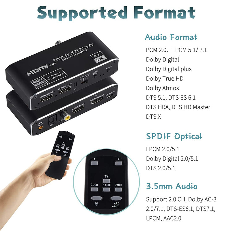  [AUSTRALIA] - HDMI Audio Extractor, 2x1 HDMI Switch to HDMI + Optical Toslink SPDIF + 3.5mm Audio Jack + Coaxial + 7.1Ch HDMI Audio Support ARC and eARC Function