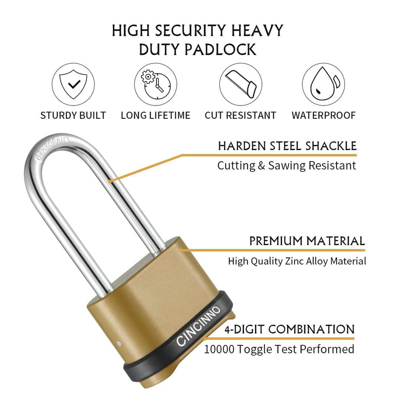  [AUSTRALIA] - CINCINNO 4 Digit Combination Lock, Heavy Duty Combination Padlock with Long Shackle Combo Padlock for Outdoor Use ,Sheds, Locker, Storage Unit, Gym and Gate