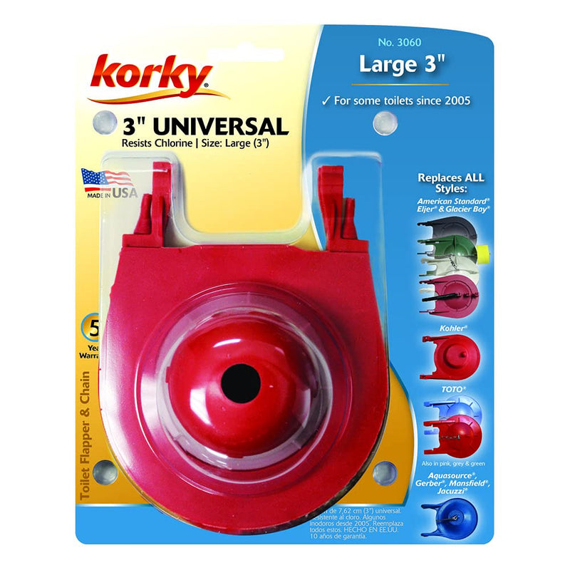  [AUSTRALIA] - Korky 3060BP Universal Toilet Flapper Replaces Most Large 3-Inch Flappers - Long Lasting Rubber - Easy to Install - Made in USA Large (3”)
