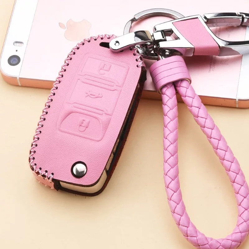 Pink Leather Cover Etui Shell For Volkswagen VW Skoda Seat 3-Button Keyless Entry Remote Flip Car Key Fob Holder Protective Case Bag with Braided Key Chain & Key Rings Auto Accessories Gifts Pink A - LeoForward Australia