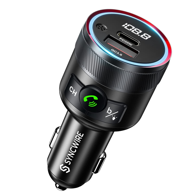  [AUSTRALIA] - Syncwire Bluetooth 5.1 FM Transmitter for Car, 38W PD & QC3.0 Fast Car Charger Wireless Bluetooth FM Radio Adapter Bass Sound Music Player FM Car Kit with Hands-Free Calling Support USB Drive
