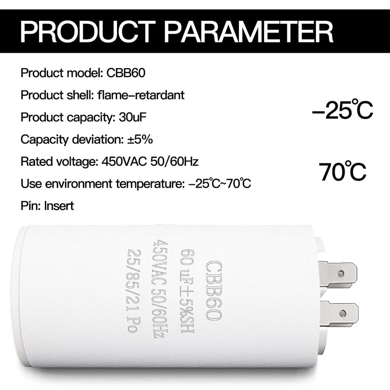  [AUSTRALIA] - 60UF CBB60 Motor Run Capacitor, 450VAC 50/60HZ Cylindrical Capacitor for Motor Run, Washing Machines, Air Conditioners and Water Pumps 60uf