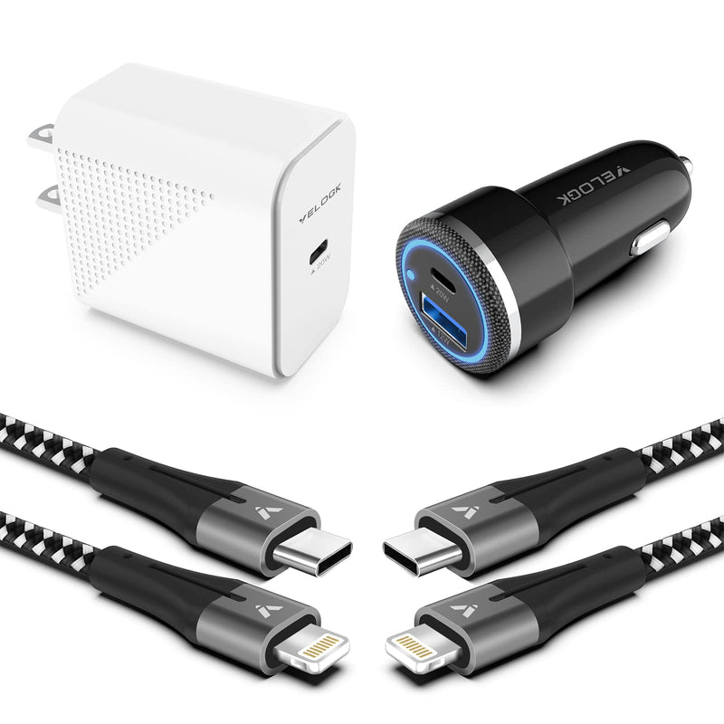  [AUSTRALIA] - iPhone 13 14 12 Fast Charger Kit, VELOGK 20W USB C PD Wall/Car Charger Adapter for iPhone 14/13/12/Pro/Max/Mini/11/Xs Max/XR/X, iPad Pro/Air, with 2X【Apple MFi Certified】iPhone Lightning Cables(6.6ft) 6.6ft + 6.6ft