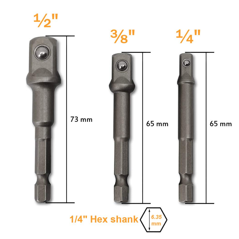  [AUSTRALIA] - 3 PCS | 1/4", 3/8", 1/2" Impact Drive, PTSLKHN 1/4" Hex Shank Socket Adapter Set, CR-V Steel | Compatible with Power Drills & Drivers