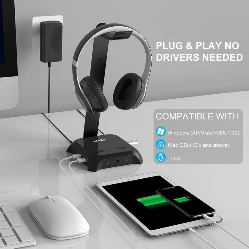 USB Hub, atolla USB 3.0 Hub with Headphone Stand, Powered USB Hub with 3 USB 3.0 Ports and 3 USB Charging Ports, 3.5mm AUX Ports with On/Off Switches, and 12V/2.5A Power Adapter - LeoForward Australia