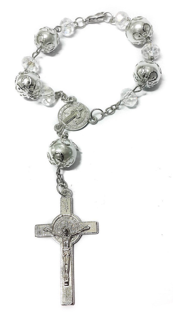  [AUSTRALIA] - Saint Benedict Evil Protection Medal White Clear Crystal Beads Rosary Car Auto Mirror Rearview