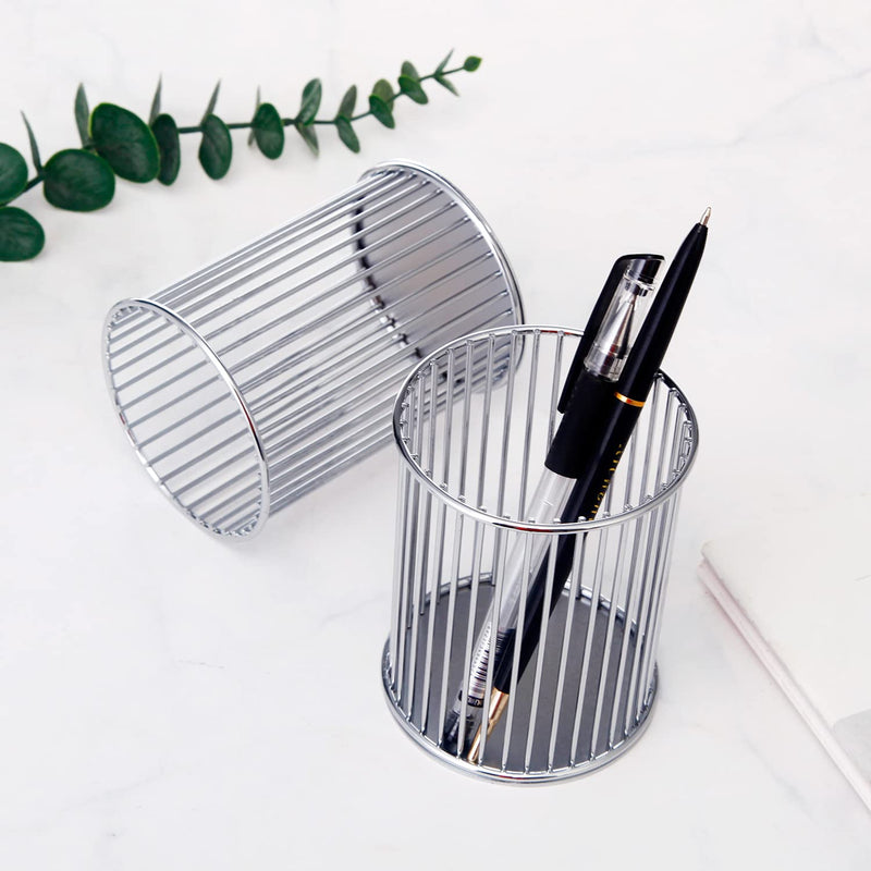  [AUSTRALIA] - BHONGVV Pen Holder Metal Wire Pencil Cup for Desk Cute Pen Organizer for Office Desktop Makeup Brush Holder (2Pcs, Silver)