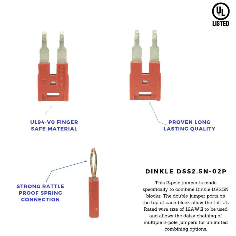 Dinkle DSS2.5N-02P DIN Rail Terminal Block Press-Fit Jumper DK2.5N Two Pole, Pack of 20 - LeoForward Australia