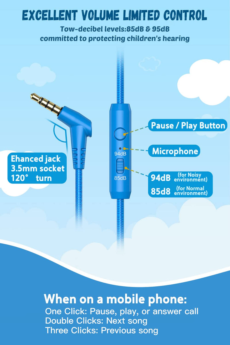  [AUSTRALIA] - Kids Headphones for School with Microphone New bee KH20 HD Stereo Safe Volume Limited 85dB/94dB Foldable Lightweight On-Ear Headphone for PC/Mac/Android/Kindle/Tablet/Pad (Blue) Blue