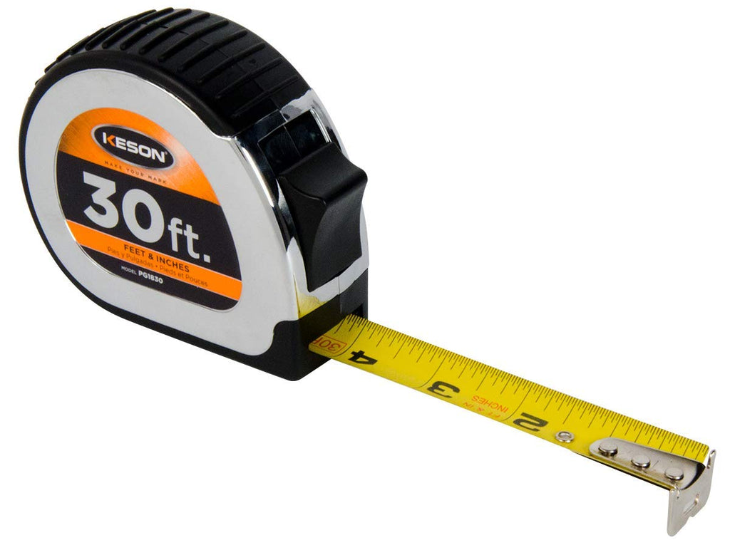  [AUSTRALIA] - Keson PG1830 Chrome Series Tape Measure with Nylon-Coated Steel Blade (Graduations: ft., in, 1/8), 1-Inch by 30-Foot 30ft Length x 1" Width Increments: 1/8, 1/16 (1/32 first 12")