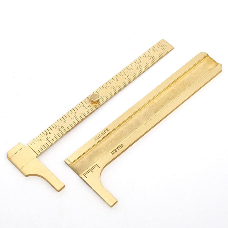  [AUSTRALIA] - AutoE Portable 4inch/100mm Double Scales Sliding Gauge Brass Ruler Measuring Tool Mini Brass Pocket Ruler