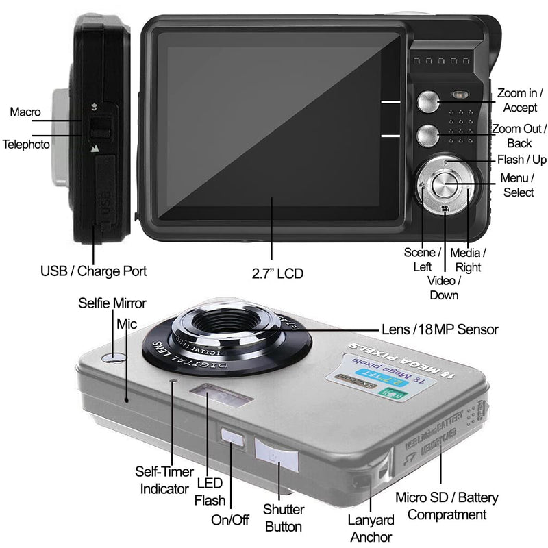  [AUSTRALIA] - Acuvar 18MP Megapixel Digital Camera Kit with 2.7" LCD Screen, Rechargeable Battery, 32GB SD Card, Card Holder, Card Reader, HD Photo & Video for Indoor, Outdoor Photography for Adults, Kids (Silver) Silver