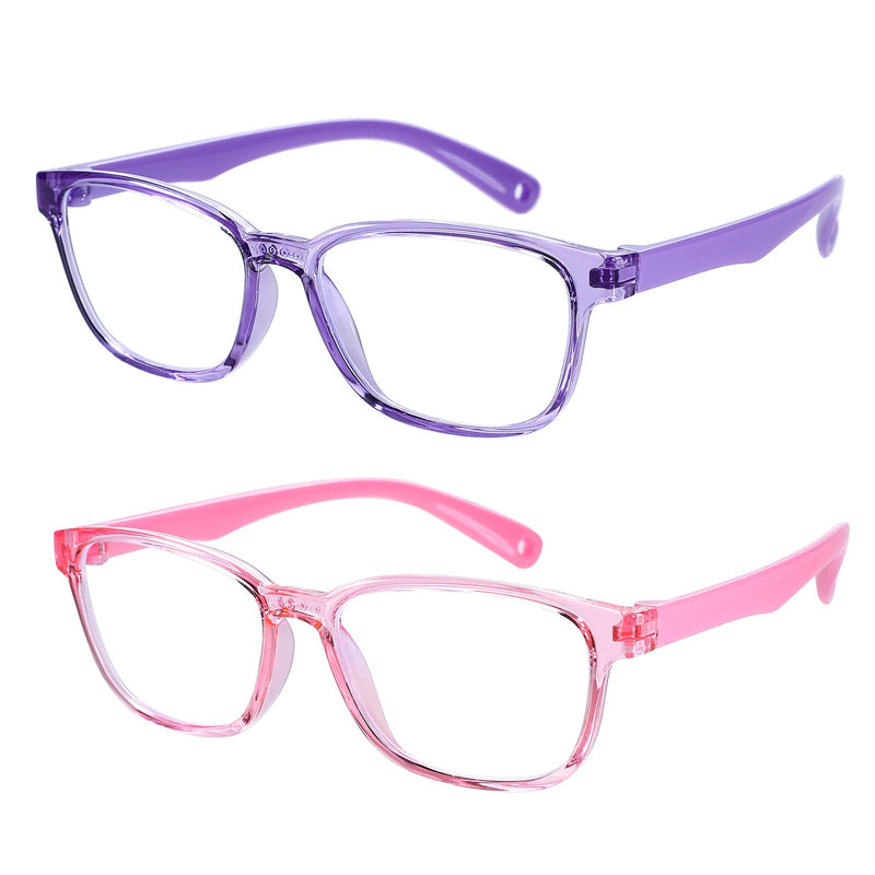  [AUSTRALIA] - Braylenz 2 Pack Kids Computer Blue Light Blocking Glasses Girls Boys Clear Nerd TR90 Eyeglasses Frame Age 3-10 (Clear Pink+Clear Purple) A3 Clear Pink+Clear Purple