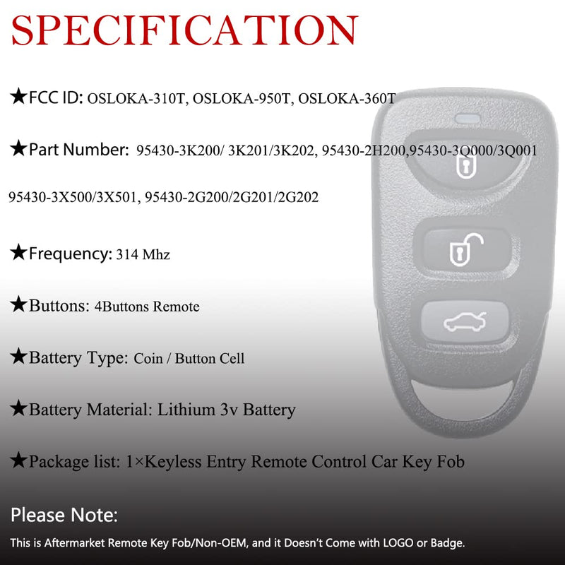  [AUSTRALIA] - Key Fob Remote Replacement Fits for Hyundai Elantra 2006-2016/Sonata 2007-2015/Kia Optima 2006-2010 OSLOKA-950T/310T/360T Keyless Entry Remote Control 315MHz