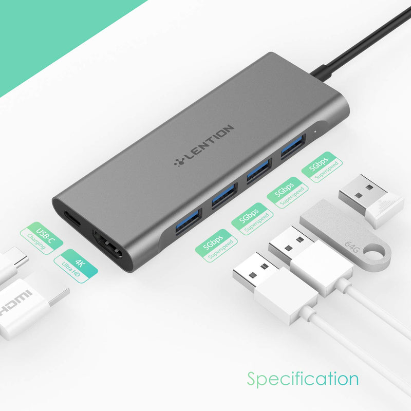  [AUSTRALIA] - LENTION 3.3FT Long Cable USB C Multiport Hub with 4K HDMI, 4 USB 3.0, Type C Charging Adapter Compatible 2020-2016 MacBook Pro 13/15/16, New Mac Air/Surface, Chromebook, More (CB-C35-1M, Space Gray)