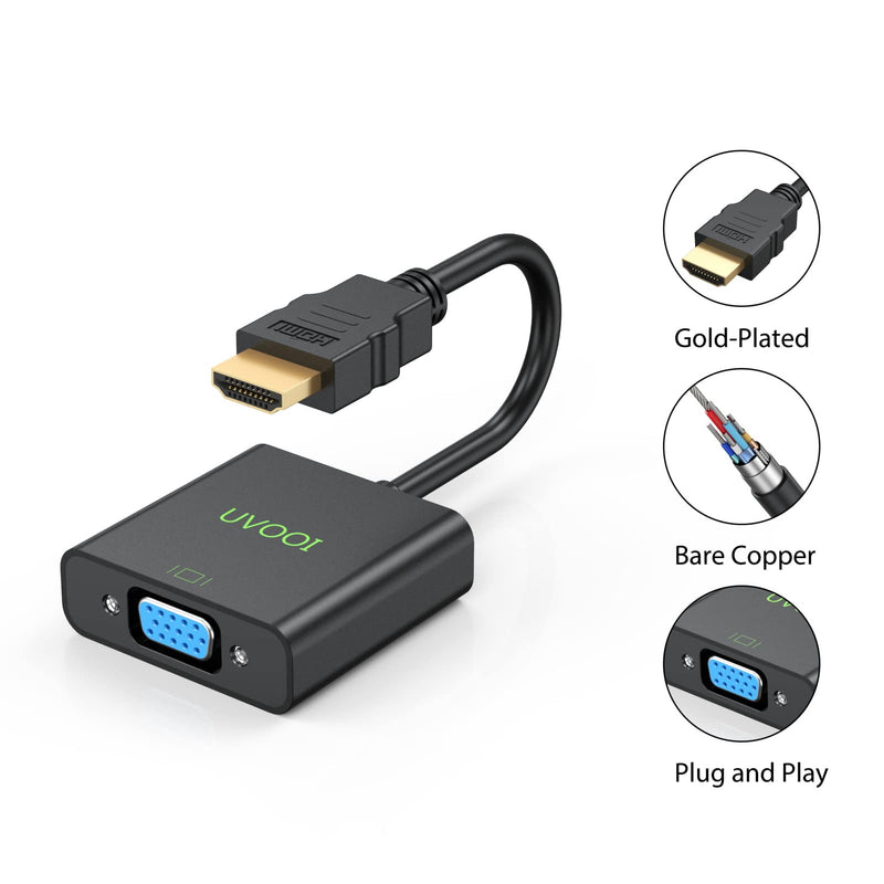  [AUSTRALIA] - HDMI to VGA Adapter Cable, UVOOI HDMI to VGA Converter Male to Female Monitor Display Cord 1080P@60Hz for Desktop, Laptop, PC, Projector, HDTV, and More (Not Bidirectional)-1 Pack connector2p black4