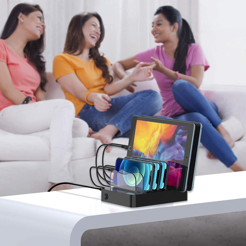  [AUSTRALIA] - SooPii Quick Charge 3.0 60W/12A 6-Port USB Charging Station for Multiple Devices, 8 Short Charging Cables Included, I Watch Charger Holder,for Phones, Tablets, and Other Electronics Black