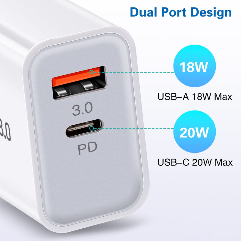  [AUSTRALIA] - USB C Wall Charger, 3-Pack 20W 2-Port Fast Charging Block USB C Charger Dual Port PD+QC Wall Plug Type C Charger Block Fit iPhone 14 13 12 11 Pro Max XS XR 8 7, Samsung Phone, Tablet White