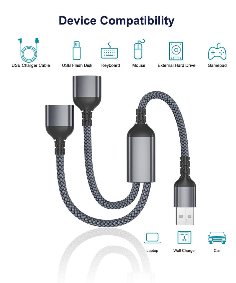 USB Splitter Y Cable 1FT (2-Pack),USB A 1 Male to 2 Female Extension Cord Converter,Dual Double USB Port Extender Hub Data Charger Power Split Adapter for Mac,Car,Xbox One Series X/S,PS4,PS5,Laptop Gray - LeoForward Australia