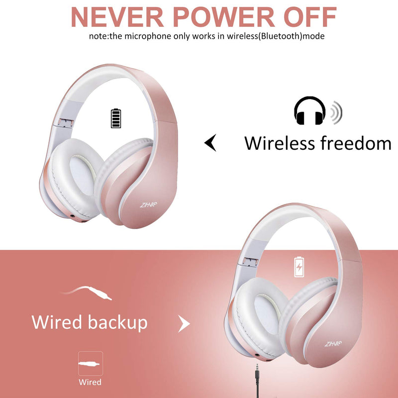  [AUSTRALIA] - Bluetooth Headphones Over-Ear, Zihnic Foldable Wireless and Wired Stereo Headset Micro SD/TF, FM for Cell Phone,PC,Soft Earmuffs &Light Weight for Prolonged Wearing(Rose Gold) Rose Gold