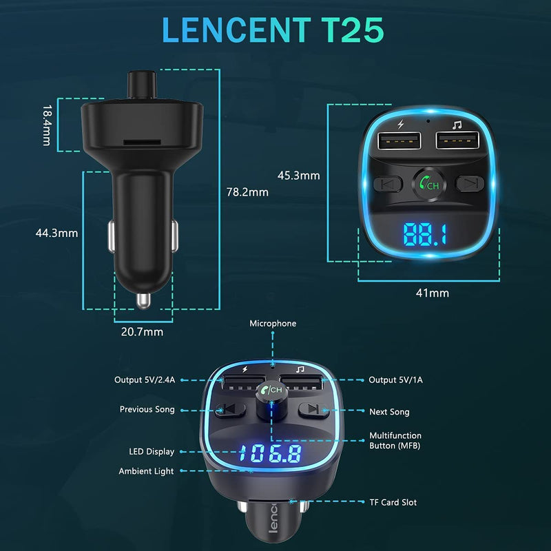  [AUSTRALIA] - LENCENT FM Transmitter, 2022 Upgraded Bluetooth FM Transmitter Wireless Radio Adapter Car Kit with Dual USB Charging Car Charger MP3 Player Support TF Card & USB Disk