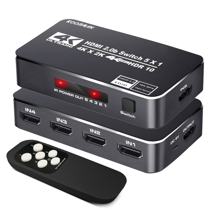  [AUSTRALIA] - 4K HDR HDMI Switch, Koopman 5 Ports 4K 60Hz HDMI 2.0 Switcher Selector with IR Remote, Supports Ultra HD Dolby Vision, High Speed (Max to 18.5Gbps), HDR10, HDCP 2.2 & 3D