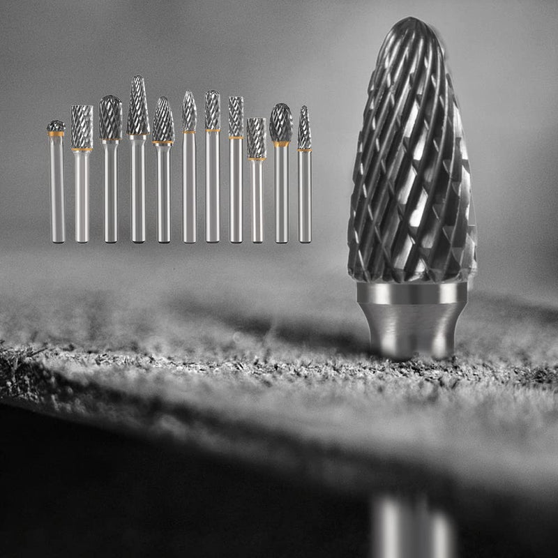  [AUSTRALIA] - HIDOTOL Carbide Burr Set 1/4" Shank 10PC Tungsten Double Cut Carbide Rotary Burr Set for Metal and Wood Carving, Grinding, Polishing, Engraving, Drilling in Sturdy Round Case. 10PC 1/4 shank