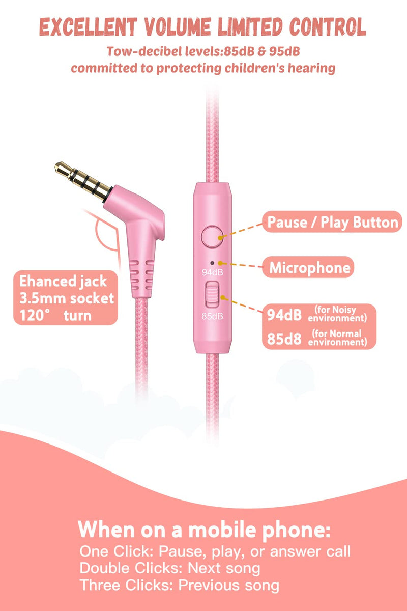  [AUSTRALIA] - Kids Headphones for School with Microphone New bee KH20 HD Stereo Safe Volume Limited 85dB/94dB Foldable Lightweight On-Ear Headphone for PC/Mac/Android/Kindle/Tablet/Pad (Pink) Pink