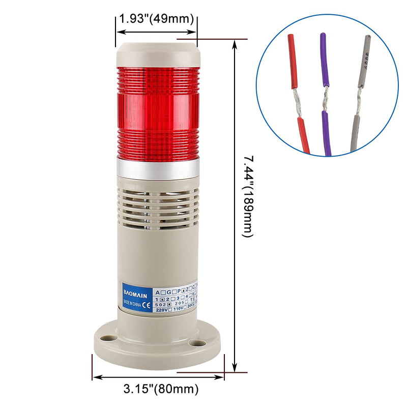  [AUSTRALIA] - Baomain Alarm Warning Continuous Light 110V AC Industrial Buzzer Red LED Signal Tower Lamp