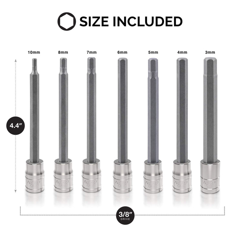  [AUSTRALIA] - Neiko 10076A 3/8” Drive Extra Long Allen Hex Bit Socket Set, Metric, 3mm to 10mm | 7-Piece Set, S2 and Cr-V Steel